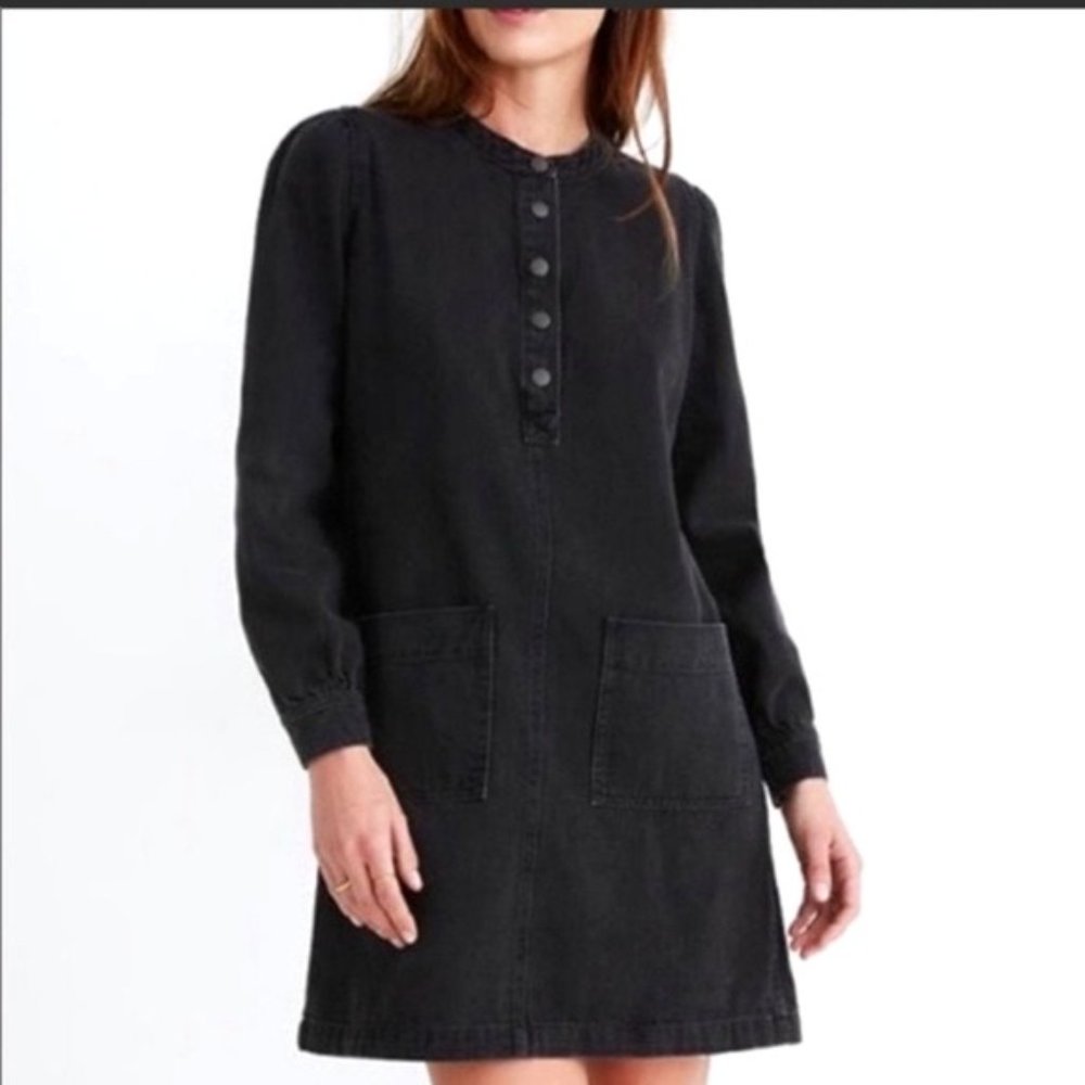 Madewell Denim Patch-Pocket Popover Long Sleeve Shirtdress sz M Black
